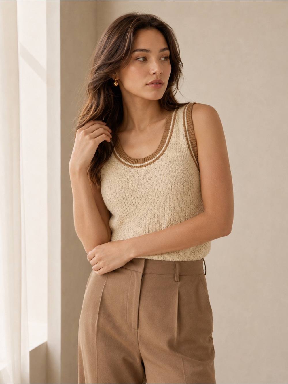 Idem Ditto Women’s Beige Camel Contrast Trim Knit Sweater Tank Top NWT #214